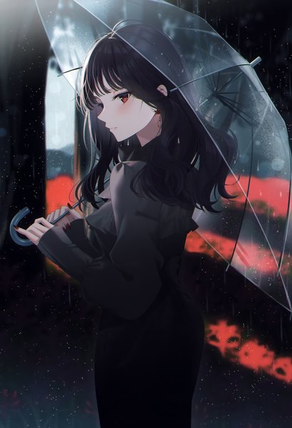 Anime picture 2381x3483 with original myusha single long hair tall image looking at viewer blush fringe highres black hair red eyes standing holding outdoors blunt bangs long sleeves profile fingernails scan sleeves past wrists