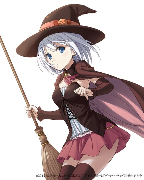 Anime picture 640x800 with date a live tobiichi origami konoe (vis9191) single tall image fringe short hair blue eyes simple background white background looking away white hair wind arched back witch girl thighhighs black thighhighs hat detached sleeves