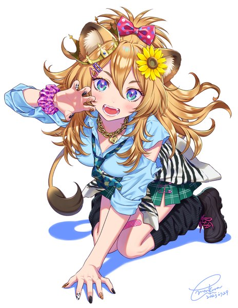 Anime picture 857x1108 with original morikura en single long hair tall image looking at viewer blush fringe open mouth blue eyes simple background blonde hair smile hair between eyes white background signed animal ears full body tail nail polish