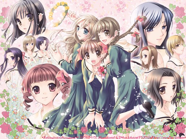 Anime picture 1600x1200 with maria-sama ga miteru studio deen fukuzawa yumi toudou shimako ogasawara sachiko shimazu yoshino matsudaira touko nijou noriko satou sei hasekura rei mizuno youko torii eriko arima nana fukuda fukutarou highres skirt uniform flower (flowers) school uniform rose (roses)