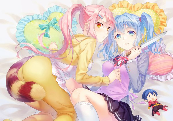 Anime picture 1500x1051 with gururu long hair looking at viewer blush fringe blue eyes light erotic twintails multiple girls payot blue hair pink hair bent knee (knees) ass ponytail tail animal tail pleated skirt looking back light smile