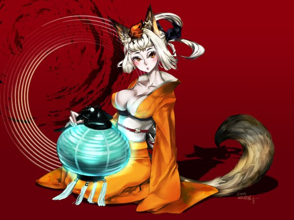 Anime picture 2560x1920 with oboro muramasa (game) vanillaware kongiku long hair blush highres short hair breasts light erotic simple background blonde hair large breasts sitting signed yellow eyes cleavage white hair ponytail traditional clothes japanese clothes
