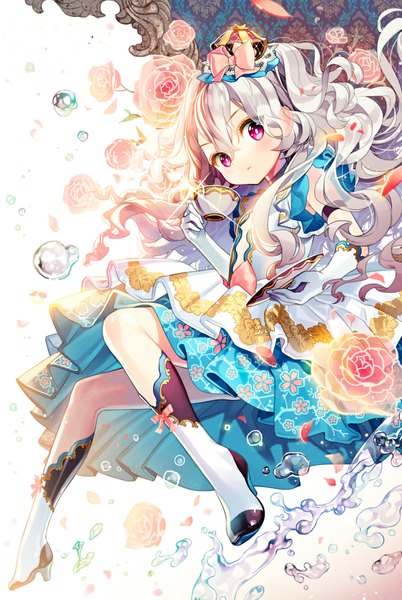 Anime picture 711x1060 with original cherrypin single long hair tall image looking at viewer blush purple eyes silver hair wavy hair girl dress flower (flowers) bow petals boots
