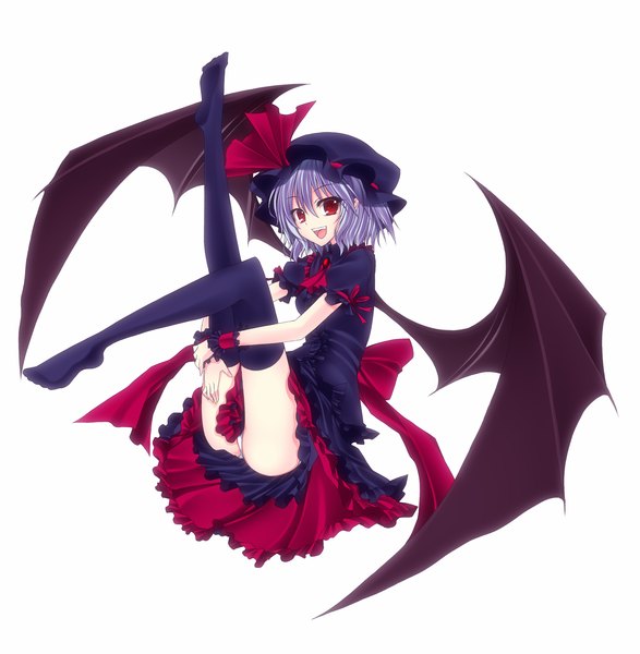 Anime picture 1636x1673 with touhou remilia scarlet kiyomin single tall image looking at viewer short hair open mouth light erotic smile red eyes white background purple hair pantyshot legs bat wings girl thighhighs dress underwear