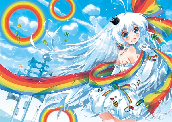 Anime picture 1325x946 with original sodapop (iemaki) single long hair blush fringe open mouth blue eyes bare shoulders sky silver hair cloud (clouds) white hair very long hair wind from behind back happy angel wings transparent