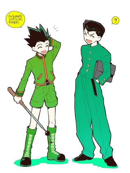 Anime picture 858x1142 with hunter x hunter yu yu hakusho gon freaks urameshi yuusuke hoyano tall image short hair open mouth black hair simple background standing white background full body eyes closed multiple boys arm behind head ^ ^ hands in pockets crossover spiked hair