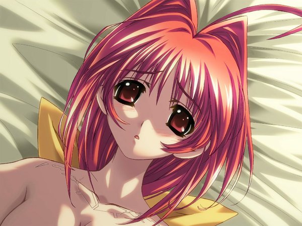 Anime picture 1024x768 with muv-luv kagami sumika bou blush light erotic red eyes game cg ahoge red hair lying from behind bed