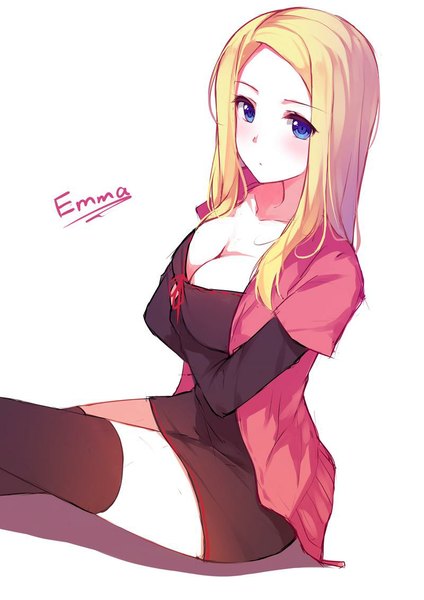 Anime picture 800x1131 with original emma (caidychen) caidychen single long hair tall image looking at viewer blush breasts blue eyes light erotic simple background blonde hair large breasts white background sitting cleavage long sleeves zettai ryouiki character names