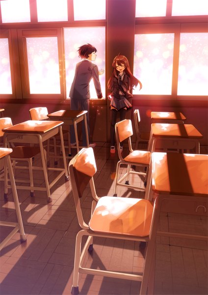 Anime picture 1012x1433 with original tsurusaki yuu long hair tall image short hair open mouth black hair brown hair eyes closed back girl thighhighs boy skirt uniform black thighhighs school uniform window chair table