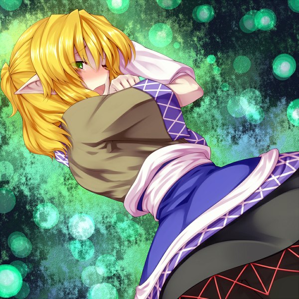 Anime picture 1000x1000 with touhou mizuhashi parsee tro single blush short hair open mouth blonde hair green eyes lying one eye closed pointy ears wink half updo girl dress