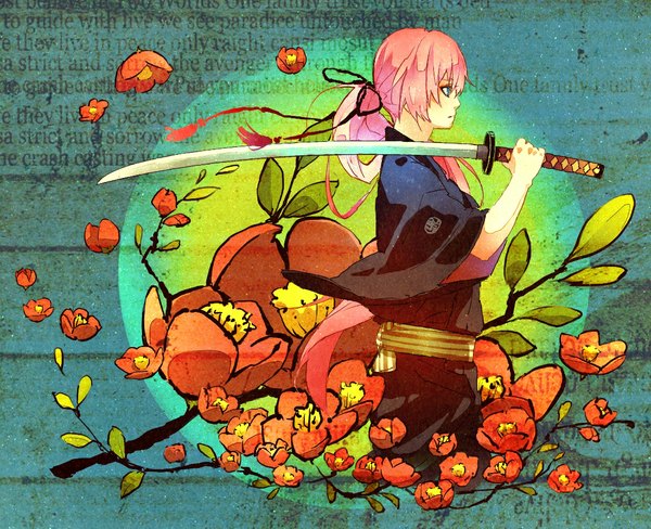 Anime picture 1100x895 with vocaloid megurine luka pood1e single long hair blue eyes pink hair ponytail profile green background weapon over shoulder girl flower (flowers) weapon sword katana branch yukata