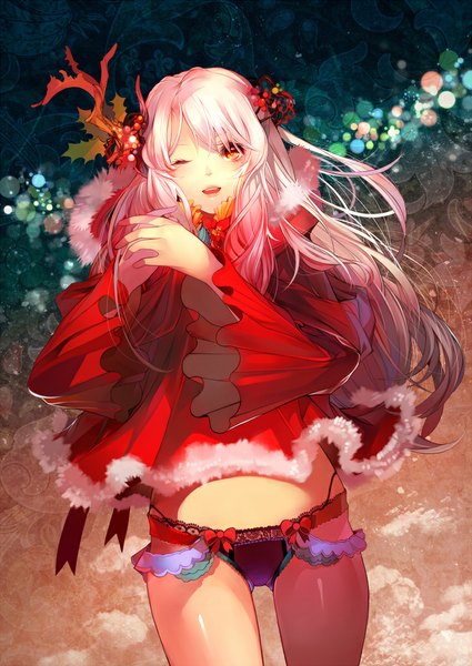 Anime picture 724x1023 with original fumoe single long hair tall image looking at viewer open mouth light erotic red eyes pink hair one eye closed wink christmas girl hair ornament underwear panties leaf (leaves) cape bow panties
