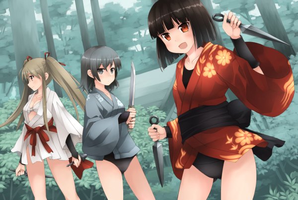 Anime picture 1200x805 with original fukube tamaki kouno hikaru long hair blush short hair open mouth light erotic black hair red eyes twintails multiple girls brown eyes traditional clothes grey hair grey eyes girl weapon plant (plants) tree (trees)