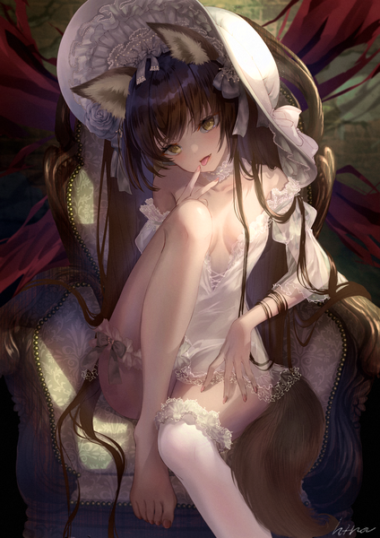 Anime picture 1500x2121 with original hi-na1 single long hair tall image looking at viewer fringe breasts light erotic brown hair sitting signed animal ears yellow eyes tail blunt bangs head tilt animal tail fingernails :p