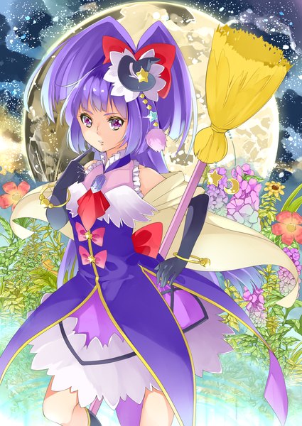 Anime picture 1074x1517 with precure mahou girls precure! toei animation izayoi riko cure magical yuutarou (fukiiincho) single long hair tall image looking at viewer purple eyes purple hair ponytail magical girl girl dress gloves flower (flowers) black gloves elbow gloves