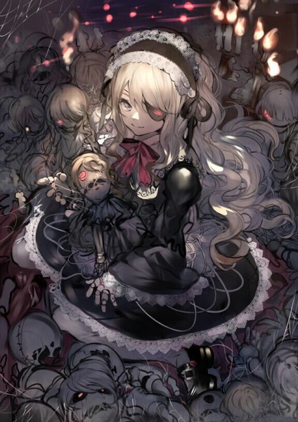 Anime picture 576x815 with original ran (pixiv2957827) single long hair tall image looking at viewer blonde hair smile sitting from above wide sleeves wavy hair lolita fashion gothic girl dress ribbon (ribbons) pantyhose shoes bowtie
