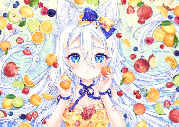 Anime picture 1200x849 with original miyuki (natsumii chan) nami (nyaa) single long hair looking at viewer blush fringe breasts blue eyes smile hair between eyes holding signed animal ears silver hair upper body lying cat ears on back