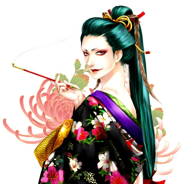 Anime picture 2000x2000 with kuro chiikawa long hair highres smile white background purple eyes ponytail nail polish looking back aqua hair lipstick smoke eyeshadow red nail polish feather (feathers) yukata pipe kiseru