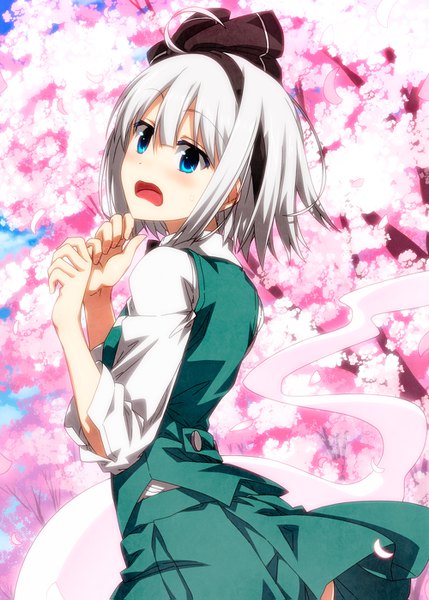 Anime picture 1000x1399 with touhou konpaku youmu myon sazanami mio single tall image blush short hair open mouth blue eyes looking away silver hair ahoge outdoors cherry blossoms ghost spring girl dress skirt