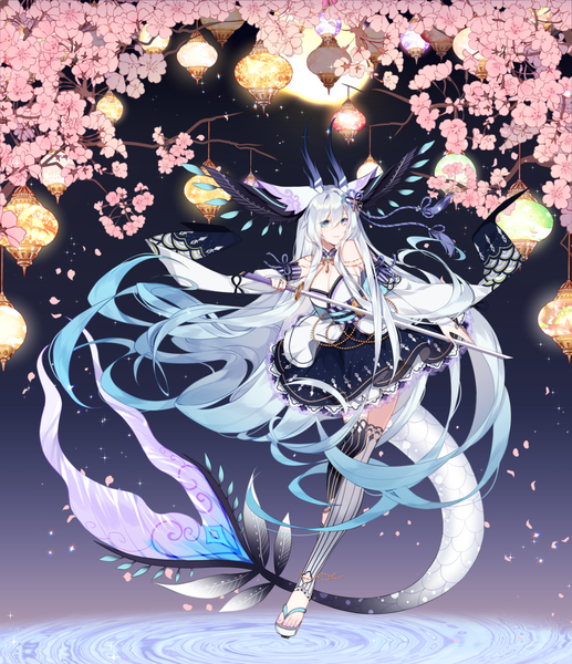 Anime picture 900x1044 with original lilianei single tall image fringe hair between eyes looking away cleavage silver hair full body tail very long hair aqua eyes aqua hair night cherry blossoms turning head gradient hair weightlessness dragon girl