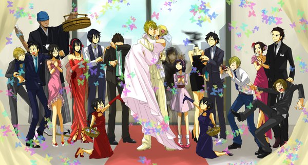 Anime picture 1855x1000 with durarara!! brains base (studio) orihara izaya sonohara anri kida masaomi kadota kyohei orihara mairu togusa saburou tanaka tom vorona awakusu akane hijiribe ruri highres wide image wedding