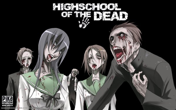 Anime picture 1440x900 with highschool of the dead madhouse long hair short hair open mouth brown hair wide image inscription black background zombie girl boy uniform school uniform blood