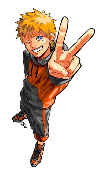 Anime picture 506x872 with naruto studio pierrot naruto (series) uzumaki naruto okada (hoooojicha) single tall image looking at viewer fringe short hair blue eyes simple background blonde hair smile white background signed full body head tilt one eye closed from above