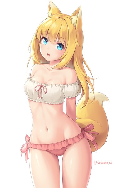 Anime picture 690x1050 with original sasaame single long hair tall image looking at viewer blush fringe breasts open mouth blue eyes light erotic simple background blonde hair hair between eyes standing white background signed animal ears payot