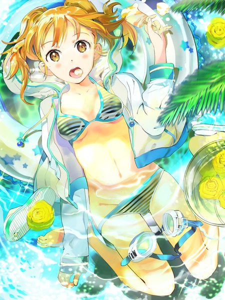 Anime picture 900x1200 with original 119 single tall image looking at viewer blush open mouth light erotic blonde hair twintails yellow eyes girl navel flower (flowers) swimsuit bikini water food sweets ice cream