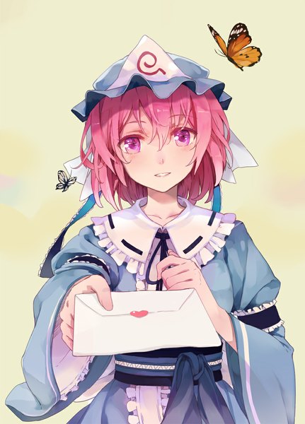 Anime picture 800x1113 with touhou saigyouji yuyuko evers (artist) single tall image looking at viewer blush short hair simple background pink hair pink eyes yellow background valentine girl insect butterfly bonnet envelope