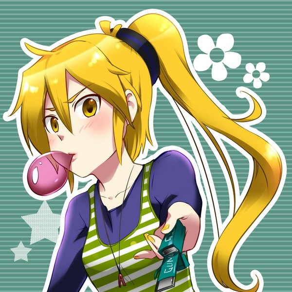 Anime picture 1000x1000 with vocaloid akita neru caffein single long hair looking at viewer blush blonde hair yellow eyes ahoge ponytail nail polish close-up green background striped background yellow nail polish girl flower (flowers) ribbon (ribbons) hair ribbon