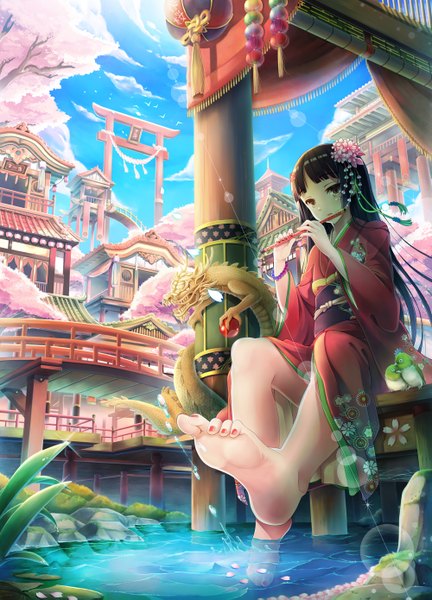 Anime picture 1000x1389 with original zumomo single long hair tall image looking at viewer blush black hair red eyes sitting sky cloud (clouds) nail polish traditional clothes japanese clothes barefoot hair flower cherry blossoms red nail polish toenail polish