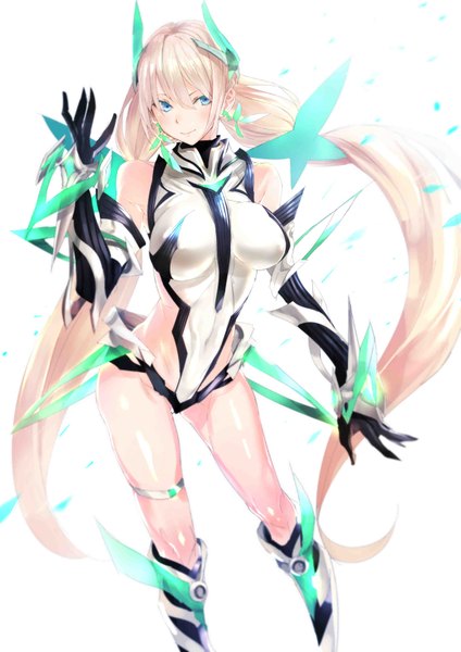 Anime picture 2480x3508 with expelled from paradise angela balzac ricci single long hair tall image fringe highres blue eyes light erotic blonde hair smile standing twintails low twintails girl gloves earrings elbow gloves bodysuit