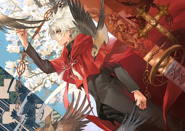 Anime picture 4093x2894 with fate (series) fate/grand order amakusa shirou (fate) seomouse single highres short hair standing brown eyes absurdres white hair profile arm up light smile looking up boy flower (flowers) earrings animal bird (birds)