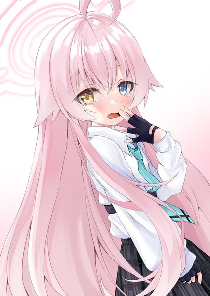 Anime picture 800x1130 with blue archive hoshino (blue archive) moizumi shipon single long hair tall image looking at viewer blush fringe simple background hair between eyes pink hair ahoge heterochromia hand to mouth girl gloves uniform school uniform necktie