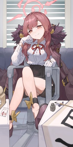 Anime picture 1956x3941 with blue archive aru (blue archive) sentter single long hair tall image looking at viewer fringe highres light erotic smile sitting bent knee (knees) red hair indoors blunt bangs long sleeves head tilt horn (horns) orange eyes