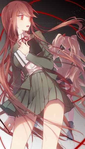 Anime picture 747x1307 with dangan ronpa dangan ronpa/zero enoshima junko otonashi ryouko io (sinking=carousel) tall image fringe breasts open mouth red eyes standing twintails multiple girls holding looking away pink hair red hair very long hair pleated skirt from behind