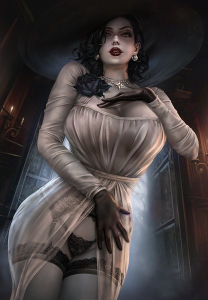 Anime picture 2455x3543 with resident evil resident evil village alcina dimitrescu logan cure single tall image looking at viewer fringe highres short hair breasts light erotic black hair large breasts standing yellow eyes cleavage indoors long sleeves parted lips