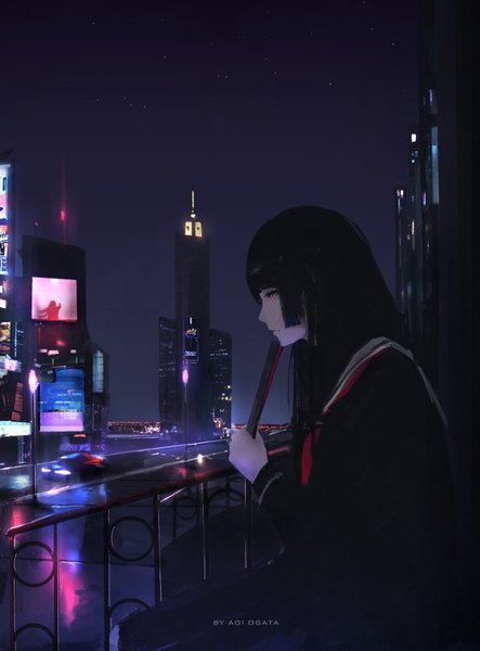Anime picture 2366x3200 with hell girl studio deen enma ai aoi ogata single long hair tall image fringe highres black hair red eyes holding signed looking away outdoors blunt bangs long sleeves profile night night sky