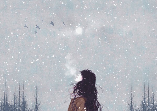 Anime picture 800x566 with original gobugi single long hair blush fringe open mouth black hair sky profile snowing wavy hair looking up winter flying exhalation bare tree white skin cold girl