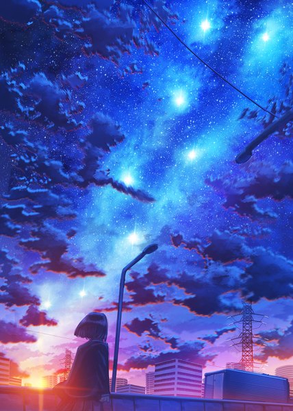 Anime picture 2000x2800 with original kenzo 093 single tall image highres short hair black hair standing cloud (clouds) sunlight night night sky city cityscape landscape scenic morning sunrise girl building (buildings)