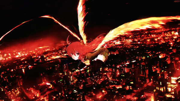 Anime picture 1536x865 with shakugan no shana j.c. staff shana nekoya (liu) single long hair looking at viewer red eyes wide image ahoge red hair night zettai ryouiki city cityscape flying scenic girl thighhighs skirt