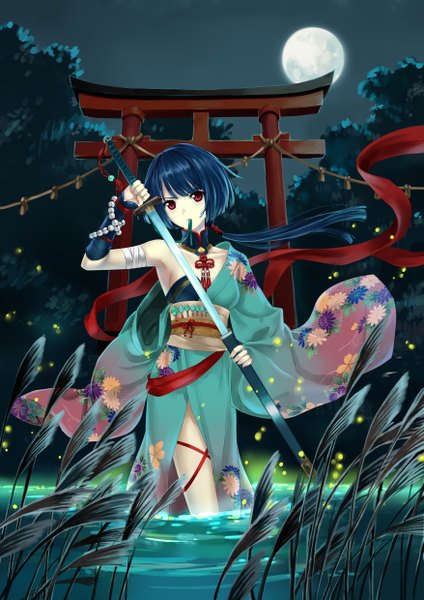 Anime picture 3507x4960 with original monogo single long hair tall image looking at viewer highres bare shoulders brown eyes blue hair absurdres japanese clothes mouth hold underwater girl weapon sword kimono katana bandage (bandages)