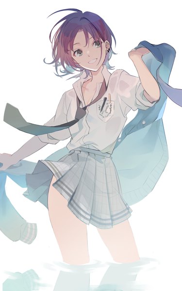 Anime picture 1200x1920 with idolmaster idolmaster shiny colors asakura tooru gomosawa single tall image short hair blue eyes simple background smile standing white background looking away purple hair pleated skirt grin partially submerged piercing ear piercing open collar