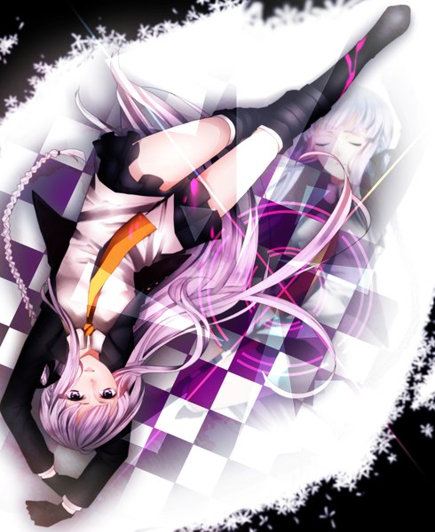 Anime picture 2500x3061 with dangan ronpa kirigiri kyouko maka (artist) long hair tall image highres open mouth purple eyes multiple girls pink hair silver hair full body lying braid (braids) eyes closed arms up checkered floor girl gloves 2 girls