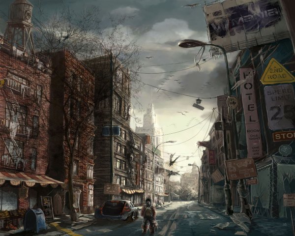 Anime picture 1280x1024 with city ruins street animal bird (birds) ground vehicle car road