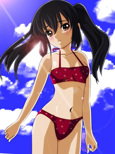 Anime picture 1425x1903 with k-on! kyoto animation nakano azusa gentoku long hair tall image blush black hair twintails brown eyes cloud (clouds) sunlight star print girl navel swimsuit bikini star (symbol) red bikini