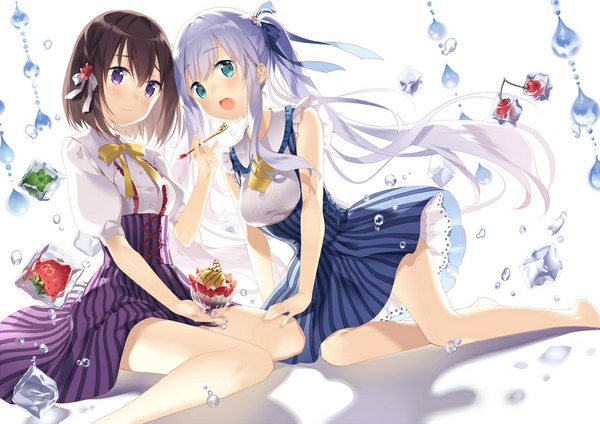 Anime picture 904x640 with original rie (reverie) long hair blush short hair open mouth blue eyes black hair purple eyes multiple girls blue hair girl dress ribbon (ribbons) 2 girls hair ribbon food sweets ice cream ice