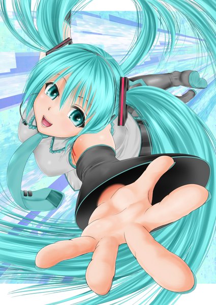 Anime picture 1253x1770 with vocaloid hatsune miku nobuhiro single tall image looking at viewer open mouth twintails very long hair aqua eyes aqua hair girl hair ornament detached sleeves necktie headphones