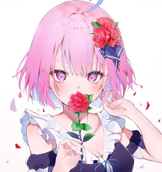 Anime picture 1240x1320 with virtual youtuber hololive minato aqua auui single tall image looking at viewer short hair simple background white background pink hair ahoge pink eyes multicolored hair hair flower two-tone hair streaked hair portrait alternate hairstyle colored inner hair